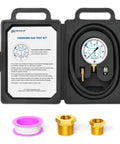 Meanlin gas pressure test kit front view in case with 0–35 in WC gauge, 40-inch hose, brass adapters and purple seal