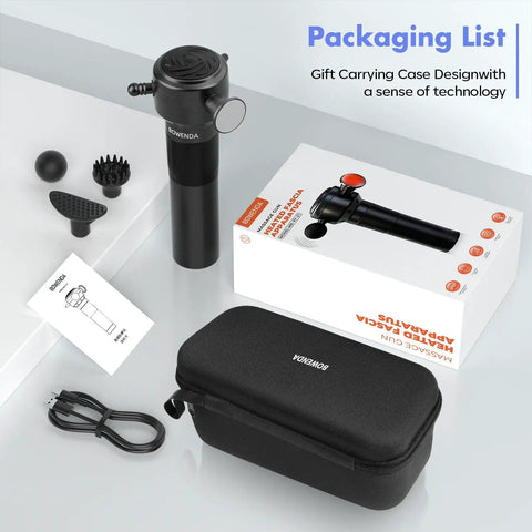 Deep Tissue Massage Gun With Heating For Sore Muscles Handheld Vibration Massager 4 Speeds 3 Heads packaging and case