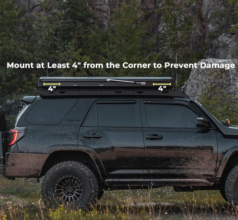 Vehicle with Stainless Steel Awning Mounting Brackets For Rooftop Tent Side Tracks, showing position 4 inches from corner.