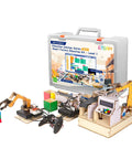 Three In One ESP32 IoT Control Smart Factory Starter Kit For DIY Education Teens 12 Plus Compatible With Arduino Scratch Online Tutorials Includes Hands On Smart Robotic Arm Project Smart Production Line And Smart Warehouse Modules, open case with robot arms