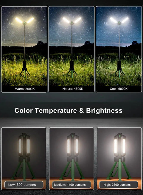 Massive 15000mAh Rechargeable Telescopic Camping Light Lantern with reinforced tripod base showing color temperatures and brightness levels.