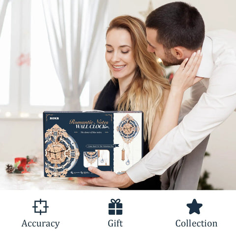 3D Wooden Puzzle Clock Kit For Adults And Teens, Mechanical Building Model Kit, DIY Brain Teaser Puzzle, Romantic Notes Clock Gift Idea, Eco Friendly Basswood Craft Hobby Totally Fun box held by couple