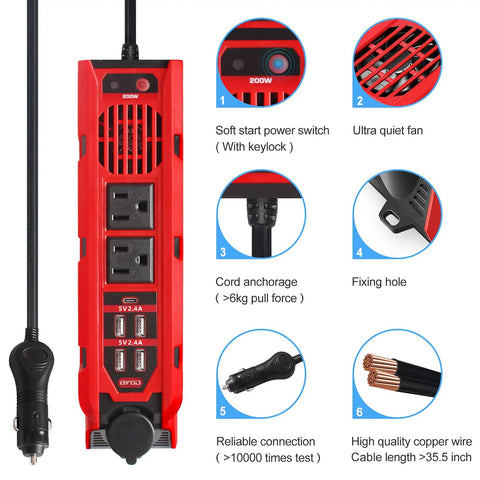 Plug And Play 200W Car Power Inverter Dc 12V To 110V Ac Converter With Dual Outlets Four Quick Charge Usb Ports And Type C Adapter with user-friendly features.