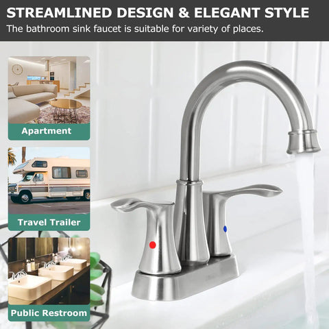 Swivel Spout Two Handle Brushed Nickel Bathroom Sink Faucet With Metal Pop Up Drain And Supply Lines, 360 Degree High Arc Installed