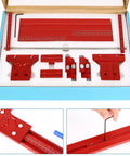 Components of Updated Inch Parallel Guide Rail System For Woodworking in red aluminum, shown in box with assembly details.