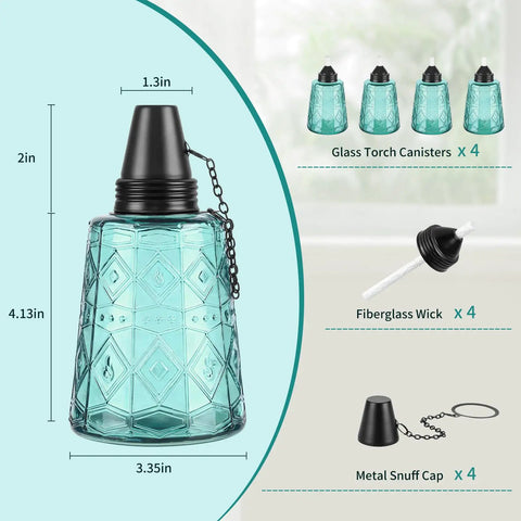 Four Pack Refillable Table Top Citronella Torches With Glass Canisters 12 Oz Each Blue Outdoor Lighting For Yard Patio Parties Garden Decor Wick And Cap Included Lit Vibes, showing dimensions and components