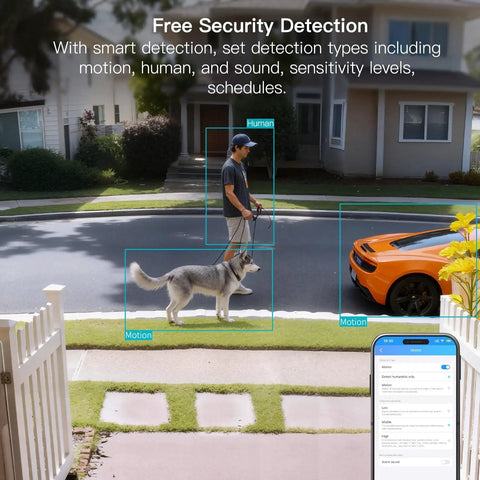 Two Pack 2.5K Indoor Outdoor Security Cams with Color Night Vision detecting human and pet motion in neighborhood