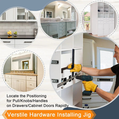 Pro Grade All Metal Cabinet Hardware Jig used for DIY drawer installation with drill in cabinet setup scene.