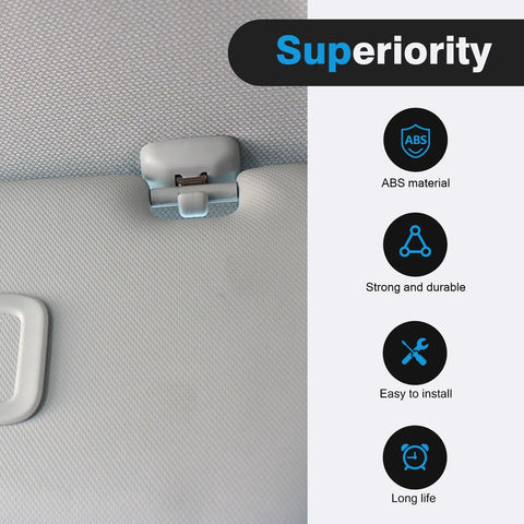Two Pack Interior Sun Visor Clip Hook Bracket With Anti Vibration Design Replacement For VW Golf Passat Beetle Jetta Polo Skoda Black Built Tough ABS Plastic Durable Retainer Holder installed in car interior, highlighting ABS material and features.