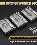 Clutch Right Angle Screwdriver With 36 Tooth Mini Ratchet Wrench For Super Tight Spots Low Profile Offset Driver and Magnetic Ratchet Tool set showing three grey wrenches with bits.