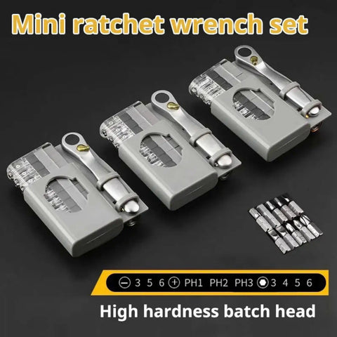 Clutch Right Angle Screwdriver With 36 Tooth Mini Ratchet Wrench For Super Tight Spots Low Profile Offset Driver and Magnetic Ratchet Tool set showing three grey wrenches with bits.