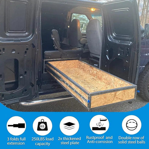 Van with extended heavy duty locking drawer slides, 56 inch, 250lbs capacity, showcasing smooth action and full extension.