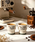 Ceramic Demitasse Espresso Cups Set Of 2, 3.52 Oz Handleless Demitasse Mugs for espresso and coffee with text by coffee machine.