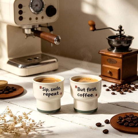 Ceramic Demitasse Espresso Cups Set Of 2, 3.52 Oz Handleless Demitasse Mugs for espresso and coffee with text by coffee machine.