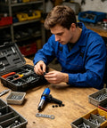Worker assembling Cordless Drill Rivet Attachment Kit For Automotive Metal Aluminum Projects, Pop Rivet Adapter on workbench