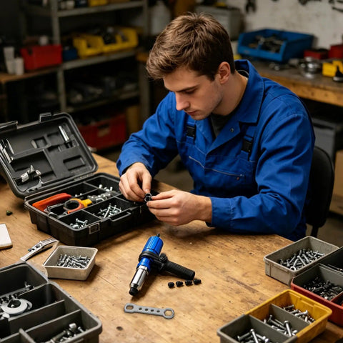 Worker assembling Cordless Drill Rivet Attachment Kit For Automotive Metal Aluminum Projects, Pop Rivet Adapter on workbench