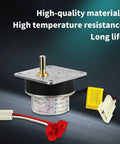 Auger Feed Motor Replacement For Pellet Stoves 2.4 RPM 120V with mounting screws and wire adapter displayed on a gradient background.