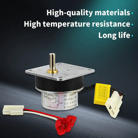Auger Feed Motor Replacement For Pellet Stoves 2.4 RPM 120V with mounting screws and wire adapter displayed on a gradient background.
