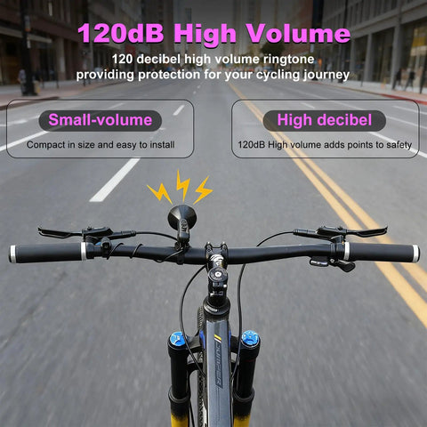 120dB Waterproof Bike Horn With 300mAh Rechargeable Battery on bike handlebars, city street view