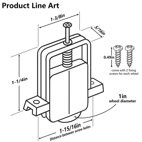 Line art of Four Pack Sliding Screen Door Rollers Replacement For Standard Doors, 1 Inch Concave Steel Ball Bearing Wheels.
