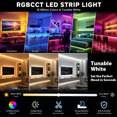 24V RGB CCT 5 In 1 LED Strip Lights With Tunable White Ultra Bright 300 LEDs 16.4ft Roll Non Waterproof 5050 RGBWW Tape Lights High CRI 85