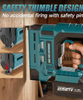 Cordless 18 Gauge Brad Nailer And Staple Gun Bundle With Battery And 1000 Piece Fastener Kit showing safety thimble design on wood.