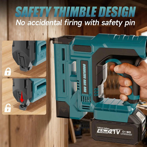 Cordless 18 Gauge Brad Nailer And Staple Gun Bundle With Battery And 1000 Piece Fastener Kit showing safety thimble design on wood.