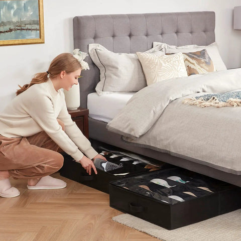 Under Bed Shoe Storage Organizer Two Pack With Clear Viewing Window Low Profile Fabric Closet Bin For Sneakers And Everyday Kicks Foldable Design Sturdy Handles Small Space Saver Fix