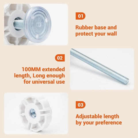 M8 Threaded Replacement Screws For Baby Gate And Pet Door Hardware With Rubber Wall Protectors White 4 Pack showing rubber base and threaded length.