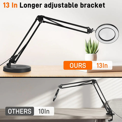 10X Magnifying LED Lamp With Optical Glass Lens 4.3 Inch Clamp On Craft Light shown with 13 inch adjustable bracket