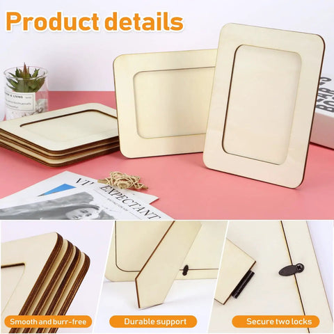 15-Pack Unfinished Wooden Picture Frames For 4X6 Photos, Hella Cool Blank DIY Craft Supplies, sturdy wooden frame details on a pink background.