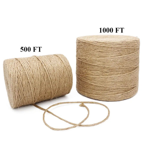 500 ft and 1000 ft rolls of 3mm natural jute twine, heavy-duty garden string for projects and decor.