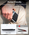 Person placing MagSafe Wallet With Stand And RFID Blocking Ring Included Slim Five Card Magnetic Wallet into pocket, showing slim design.