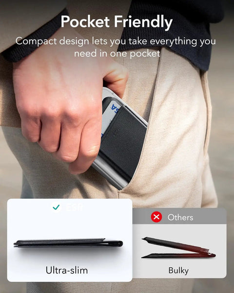 Person placing MagSafe Wallet With Stand And RFID Blocking Ring Included Slim Five Card Magnetic Wallet into pocket, showing slim design.
