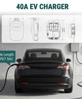 Level 2 Ev Charger 9.6Kw 40A 240V J1772 Nema 14-50P Etl Certified Wall Mount connected to a black EV with 25ft cable.