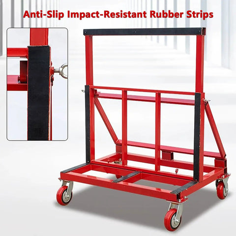 Heavy Duty Foldable Moving Dolly For Hauling Drywall And Marble Slabs 2200 Lb Capacity, with anti-slip rubber strips and red steel frame.