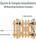 Heavy Duty Gate Hardware Kit With 8 Inch T Strap Hinges And Gravity Gate Latch Plus Self Closing Spring installation guide diagram.