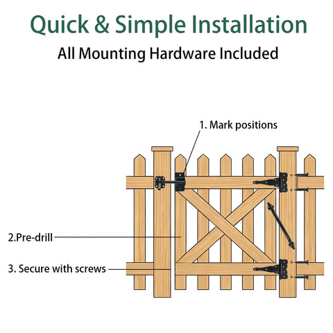 Heavy Duty Gate Hardware Kit With 8 Inch T Strap Hinges And Gravity Gate Latch Plus Self Closing Spring installation guide diagram.