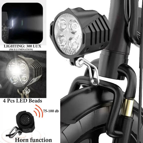LED Bike Headlight With Horn For Electric Bikes And E Scooters 4 Bead Beam Waterproof 3 Pin Male Connector 36V 48V Compatible 15 Inch Wire Replacement Headlamp For Night Ride