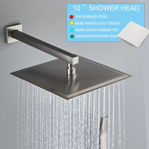 10 Inch Brushed Nickel Rain Shower System With Handheld Spray Square Shower Head Combo Set Wall Mounted For Easy Install
