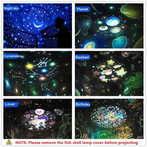 Epic Kids Star Projector Night Light With Three Color LED Bulbs And Six Modes Starry Sky Sea World Constellations Birthday Planets Ceiling Show Gift For Babies Toddlers Teens Kids Bedroom Decor Blue showing multiple light projection modes on a ceiling.