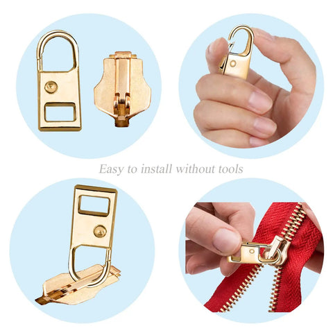 Gold metal zipper pull replacements from Zipper Pull Replacement Kit Set For Luggage, Clothes, Jackets, Backpacks And Boots 10 Detachable Metal Pull Tabs In Black, Silver, Gold, Gun Black, Bronze Easy No Fuss Fix For Sliders Handles And Pull Tips