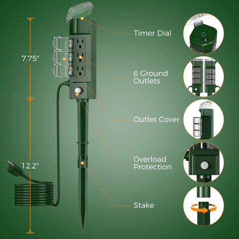Outdoor Waterproof Timer Outlet With Photocell Sensor Dusk To Dawn Auto Switch Remote Control Power Strip six foot heavy cord with timer dial and six outlets.