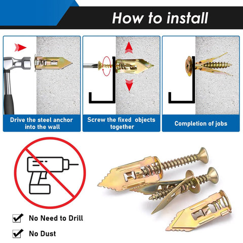 Installation steps for Self Drilling Drywall Anchors And Screws Kit With Two Anchor Sizes And Three Expansion Screw Sizes, Zinc Plated Steel Sheetrock Anchors, No Drilling Required, Holds Up To 66 Lbs, 100 Pcs for mounting shelves or TV brackets.