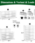 Diagrams showing dimensions and variants of Interlocking Wire Cube Storage Unit And Divider System with assembly icons.