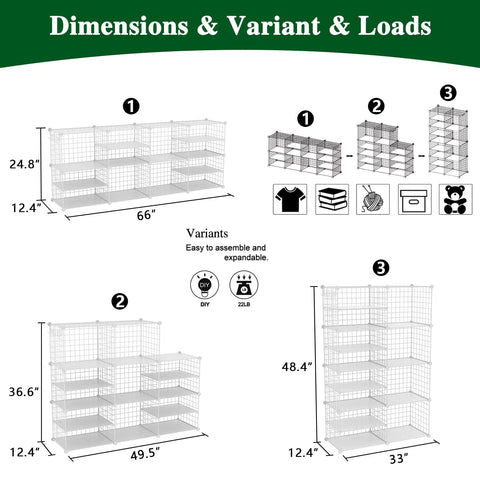 Diagrams showing dimensions and variants of Interlocking Wire Cube Storage Unit And Divider System with assembly icons.