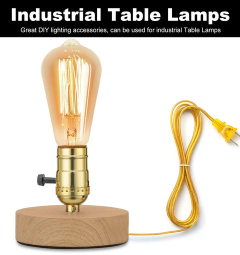 DIY Lamp Rewire Kit With 12 Ft Cord, 3-Way Brass Socket on wooden base with gold cord and vintage bulb