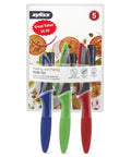 Three Piece Peeling And Paring Knife Set With Covers For Easy Fruit And Veg Prep, Includes Bird's Beak Knife, Serrated Paring Knife, And Straight Edge Paring Knife In Blue Green And Red, A Kitchen Essential For Every Home Cook. Display packaged in a retail box.