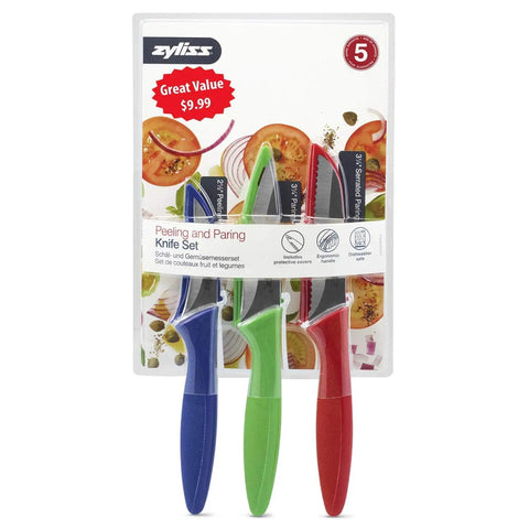 Three Piece Peeling And Paring Knife Set With Covers For Easy Fruit And Veg Prep, Includes Bird's Beak Knife, Serrated Paring Knife, And Straight Edge Paring Knife In Blue Green And Red, A Kitchen Essential For Every Home Cook. Display packaged in a retail box.