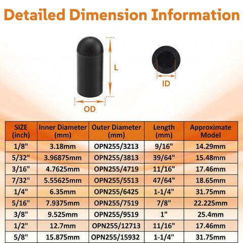Detailed dimension info for Vacuum Cap Assortment Kit With 87 Pieces In 11 Sizes For Automotive Hoses Ports Manifolds Carburetors Pipelines